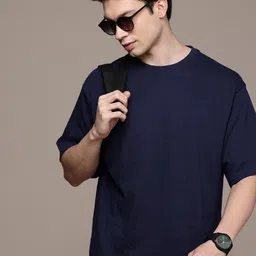 Mast & Harbour Navy Blue Drop-Shoulder Sleeves Anti Odour Pure Cotton Oversized Tshirt-image-110
