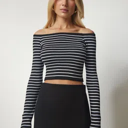 Happiness istanbul Women Striped Off-Shoulder Bardot Crop Top-image-75