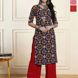 HERE&NOW Selection Of 3 Ethnic Motifs Printed Round Neck Straight Kurtas-image-81