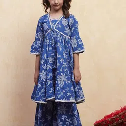 Biba Girls Floral Printed Pure Cotton Anarkali Kurta With Sharara-picture-57