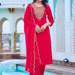 Moda Rapido Floral Yoke Design Chanderi Silk Zari Straight Kurta With Trousers & Dupatta-20