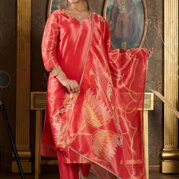 Indo Era Floral Printed V-Neck Sequinned Straight Kurta With Trousers And Dupatta-picture-2