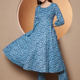 Poshak Hub Floral Printed Round Neck Kantha Work Cotton Anarkali Kurta with Trousers-image-37