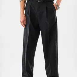 Snitch Men Mid Rise Baggy Fit Pleated Formal Trousers-picture-38