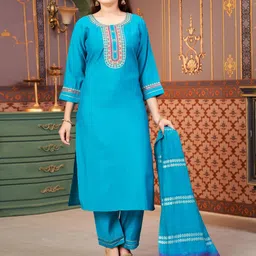 BAESD Girls Embroidered Thread Work Pure Silk Kurta with Trousers & Dupatta-image-57