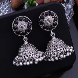 SOLIBELLE German Silver Rhodium Plated AD Studded And Ghungroo Beaded Dome Shaped Jhumkas-picture-30