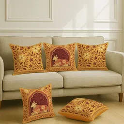 STITCHNEST Yellow & Maroon 5 Pieces Floral Satin Square Cushion Covers-image-21