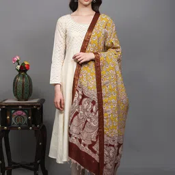 Exotic India Floral Sita Ram Swayamvar Printed Cotton Silk Kalamkari Dupatta-image-48