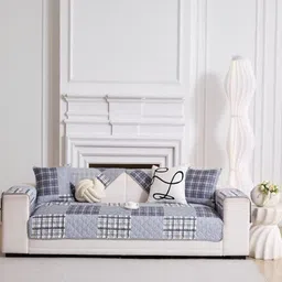 HomeCloud Blue & Grey Printed Cotton 1 Seater Sofa Cover-image-77
