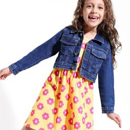Hola Bonita Girls Floral Printed Gathered Sleeveless Fit and Flare Dress With Denim Jacket-32