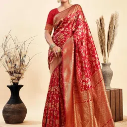 HERE&NOW Ethnic Motifs Woven Design Zari Kanjeevaram Saree with Blouse Piece-picture-6