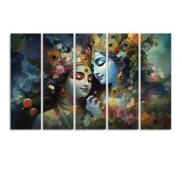 RANDOM Vinyl Blue & Green 5 Piece Radha Krishna Religious Canvas Wall Paintings-image-18
