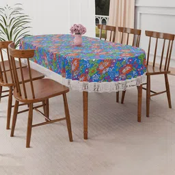 Kuber Industries Blue Floral Waterproof Plastic 6-Seater Table Cover-15