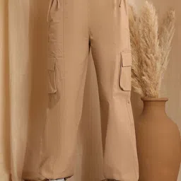 HERE&NOW Women Beige Cotton Side Pockets Mid-Rise Drawstring Waist Cargo Trousers-picture-28