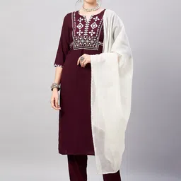 WineRed Women Embroidered Regular Kurta with Trousers & With Dupatta-image-58