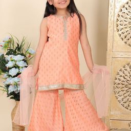 Superminis Girls Floral Embroidered Regular Gotta Patti Kurti with Sharara & With Dupatta-image-22