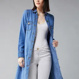 DOLCE CRUDO Women Washed Colourblocked Longline Denim Jacket-picture-27
