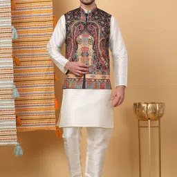 KRAFT INDIA LUXE Mandarin Collar Straight Kurta with Churidar & Printed Nehru Jacket-picture-32