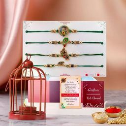 eCraftIndia Set Of 4 Rakhi With Tea Light Candle Holder & Roli Chawal Gift Set-image-53