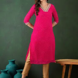 Sangria Leheriya Printed V-Neck Mirror Work Georgette Straight Kurta-picture-11