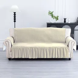 Kuber Industries Cream-Coloured Self Design 3 Seater Velvet Sofa Cover With Arms-12