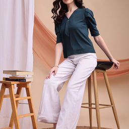 Kinjo Women Tie-Up Neck Puff Sleeve Scuba Top-image-17