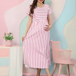 EASY MOM Striped Maternity Fit & Flare Maxi Dress-image-48