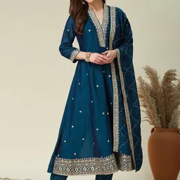 MOKOSH Women Ethnic Motifs Embroidered Regular Kurta with Trousers & With Dupatta-image-73