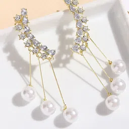 KRENOZ Gold-Plated American Diamond Studded & Pearls Beaded Tasselled Korean Drop Earrings-image-44
