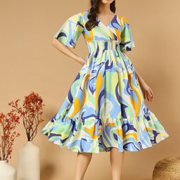 OTABU Floral Print Flared Sleeve Applique Crepe Formal A-Line Midi Dress-image-76
