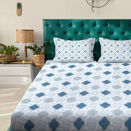 Myntra Elegant Homes Blue & White Geometric 400 TC King Bedsheet with 2 Pillow Covers-image-89
