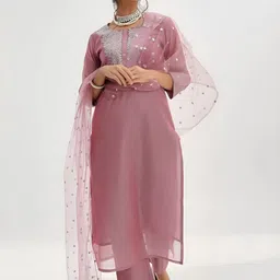 Moda Rapido Women Floral Embroidered Regular Chanderi Silk Kurti with Trousers & With Dupatta-41