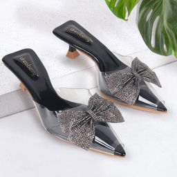 DressBerry Embellished Pointed Toe Party Kitten Pumps with Bows-15