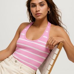 R.Code by The Roadster Life Co. Women Striped Ribbed Halter Neck Fitted Top-picture-4