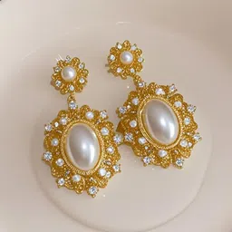DressBerry Korean Gold-Plated American Diamond Studded Oval Drop Earrings-27