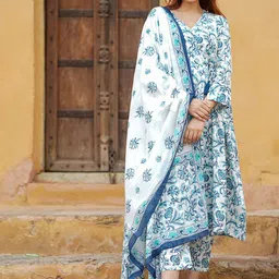 KALINI Women Floral Printed Angrakha Pure Cotton Kurta with Trousers & With Dupatta-picture-17