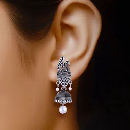DIVASTRI Set Of 5 Silver-Plated Artificial Stones and Beaded Peacock Oxidized Jhumkas image 3