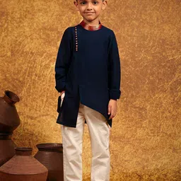 MIRALI Boys Mandarin Collar Pure Cotton Asymmetric Long Kurta-image-88