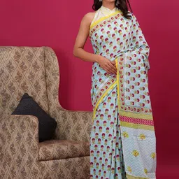 Vanedik Ethnic Motifs Printed Mulmul Cotton Block Print Saree-13