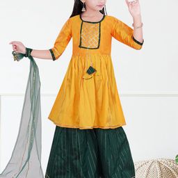 AM Creation Girls Striped Yoke Design Round Neck Anarkali Kurta With Sharara & Dupatta-picture-43