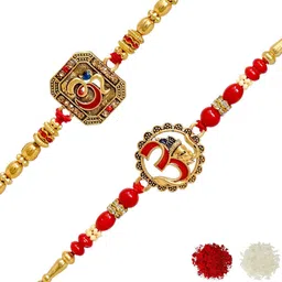 MEIRA JEWELLERY Set Of 2 Religious Om Rakhis With Greeting Card & Roli Chawal-15