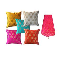 Pinkparrot 12x70 inch jacquard silk table runner and 5 pcs 16x16 inch cushion covers-image-33