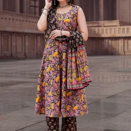 OZIA Women Floral Printed Cotton A-Line Kurta with Trousers & Dupatta-picture-3