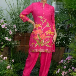 Sangria Floral Printed With Embroidered Tunic With Trousers Co-Ords-picture-17