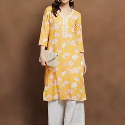 Melange by Lifestyle Women Ethnic Motifs Printed V-Neck Thread Work Kurta-image-53