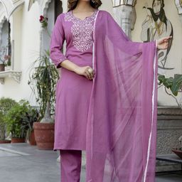 EthniFlair Yoke Design Notch Neck Pure Cotton Straight Kurta With Trousers & Dupatta-picture-35
