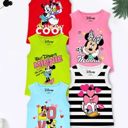 YK Disney Girls Pack Of 5 Graphic Printed Sleeveless Cotton T-shirt-image-3