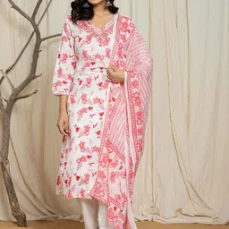 IkDaiya Floral Printed V-Neck Mirror Work Pure Cotton Kurta With Trousers & Dupatta-14