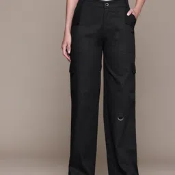 Popnetic Women High-Rise Pure Cotton Twill Weave Cargo-Style Wide Leg Trousers-picture-11