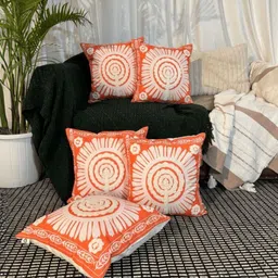 LUSHLYF Marigold Mandala Orange 5 Pieces Embroidered Printed Cotton Square Cushion Covers-picture-53